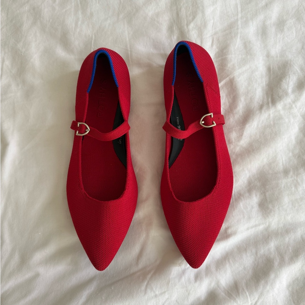 Rothy's Red Pointed Mary Jane Flats with Blue Trim